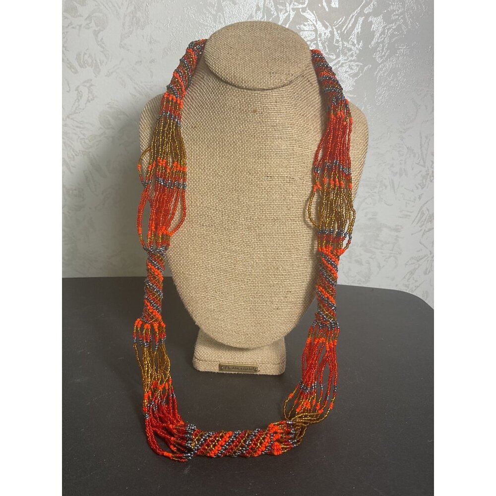 Multicolor Beaded Necklace With Earthy Tones & Tribal Design